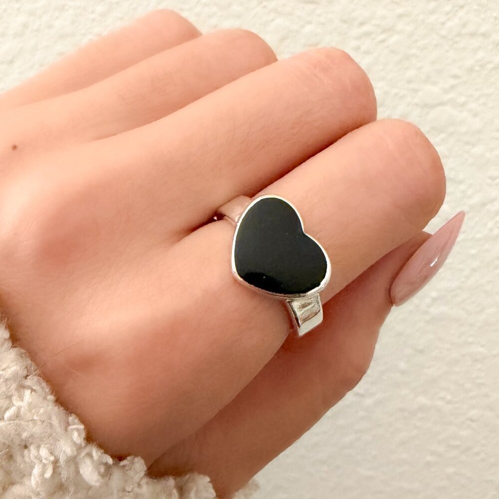 925 Sterling Silver Black Heart Ring Chunky Ring Thick Ring Silver Heart Ring